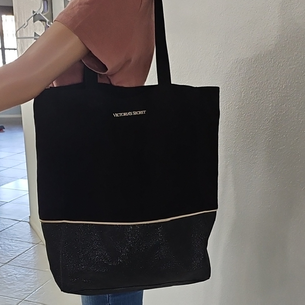Victoria's Secret Black Canvas Glitter Accent Shoulder Tote Bag